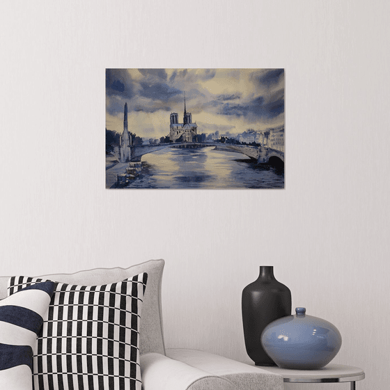 Notre Dame that doesn't exist. Original watercolor. Medium size purple landscape Paris france sunset urban city street seine interior impressionism realism travel trip