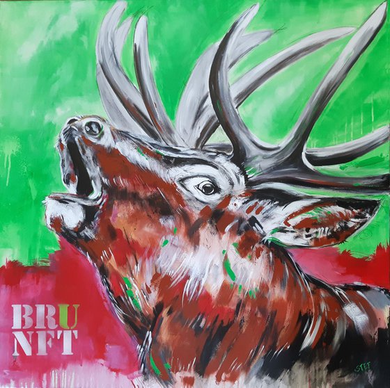 'BRUNFT' #6 - Rutting red deer - Work series 'Deer in pink' - PopArt in Pink and Green