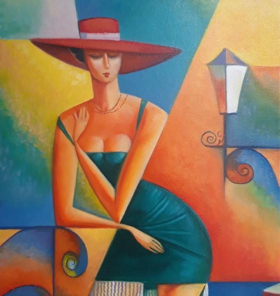 Lady in red hat (50x40cm, oil/canvas, ready to hang)