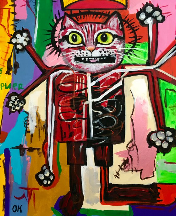 KING TROY the cat, ( 102 x 91 cm, 40 x 36 inches),  multi-armed, multitasking, inspired by Basquiat and Indian culture, solving the problems of the modern rapidly changing world in parallel and seamlessly