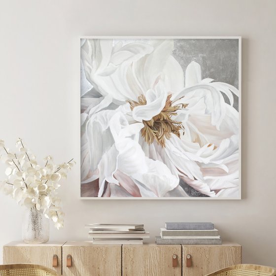 "Silver silk flowers 3" White peonies art