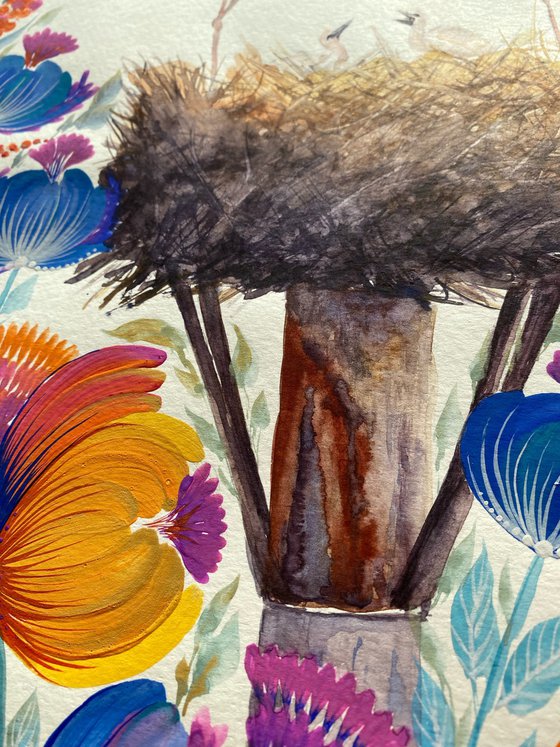 "Nest of Serenity" with a pair of storks in the nest surrounded by a field of lush wild orange, blue flowers