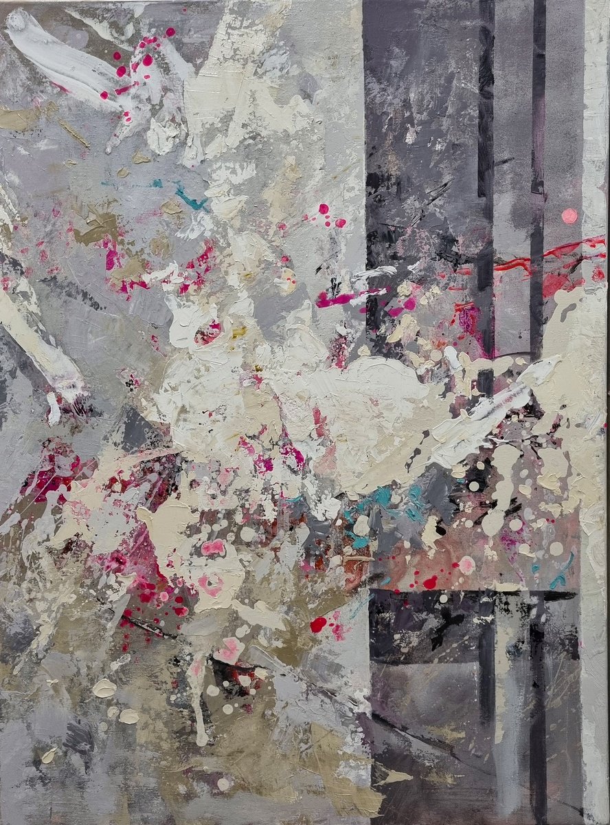 Abstract Landscape Oil Painting By Natalia Yampolskaia, 24 X 31", Pink Moon Ii, Original Artwork