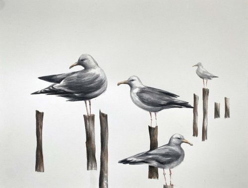 seagulls. One of a kind, original painting, handmade work, gift, watercolour art. by Galina Poloz