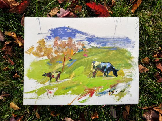 Cows and sunny meadows | A la prima etude | Moments of autumn | Original oil painting