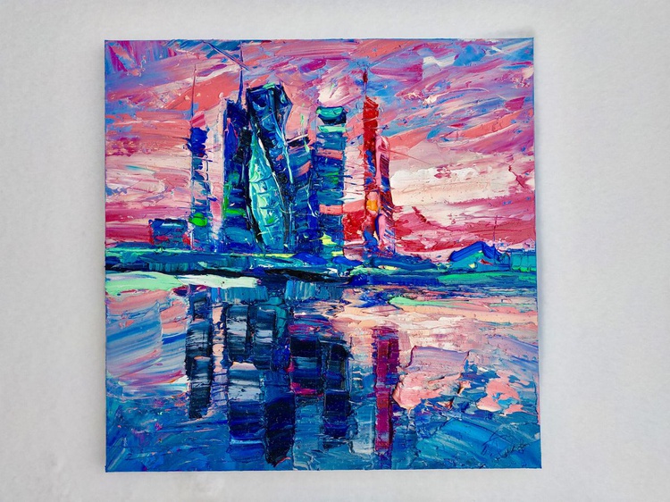 Sunset in the City, impasto oil painting 50x50cm | Artfinder