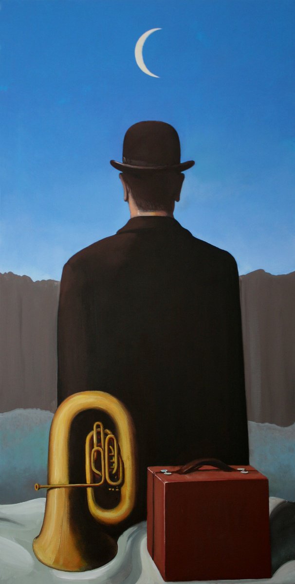 Surrealistic Portrait Acrylic Painting By Mir-Jan, 20 X 39", "For Magritte", Original Artwork