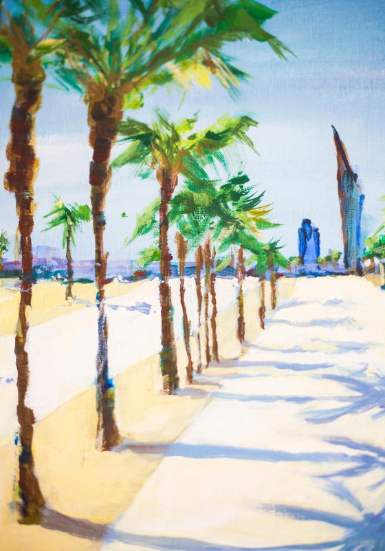 Barcelona. Walk near the sea. Original acrylic painting palms shade contrast