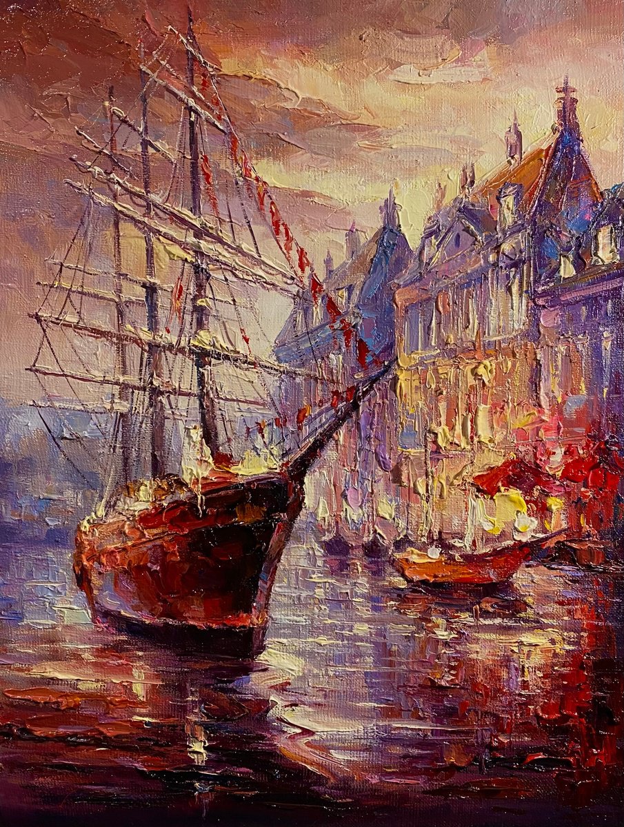 Impressionistic Landscape Oil Painting By Artem Grunyka, 14 X 18, Harbour, Original Artwork