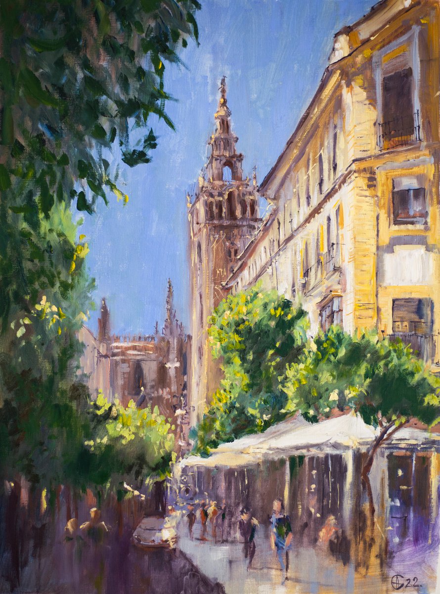 Sevilla. VIEW OF GIRALDA IN SUNNY DAY. ORIGINAL oil painting. contrast BRIGHT CITY URBAN L... by Sasha Romm