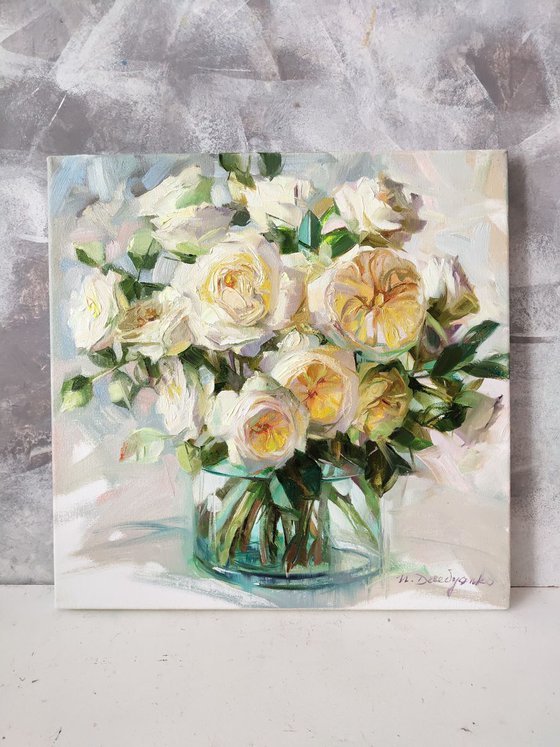 White roses art, Oil painting rose, Impressionist flowers art painting, Rose in glass still life, Anniversary gift for her, Bouquet rose art