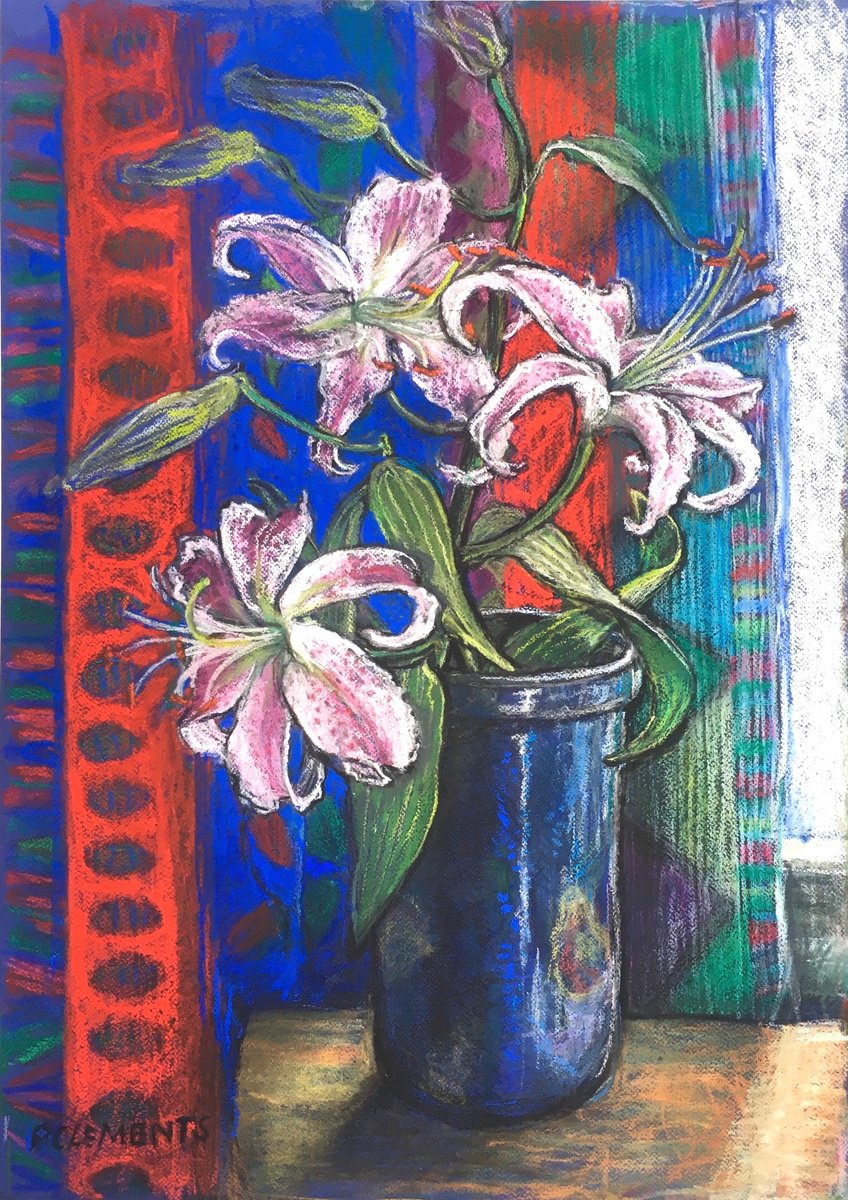 Impressionistic Botanical Pastel Drawing By Patricia Clements, 20 X 27", Lilly In Blue Vase, Original Artwork