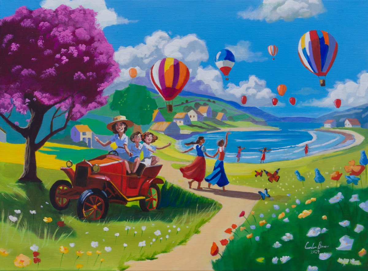 Naive Landscape Oil Painting By Gordon Bruce, 24 X 18, Journey Of Joy Naive Art, Original Artwork