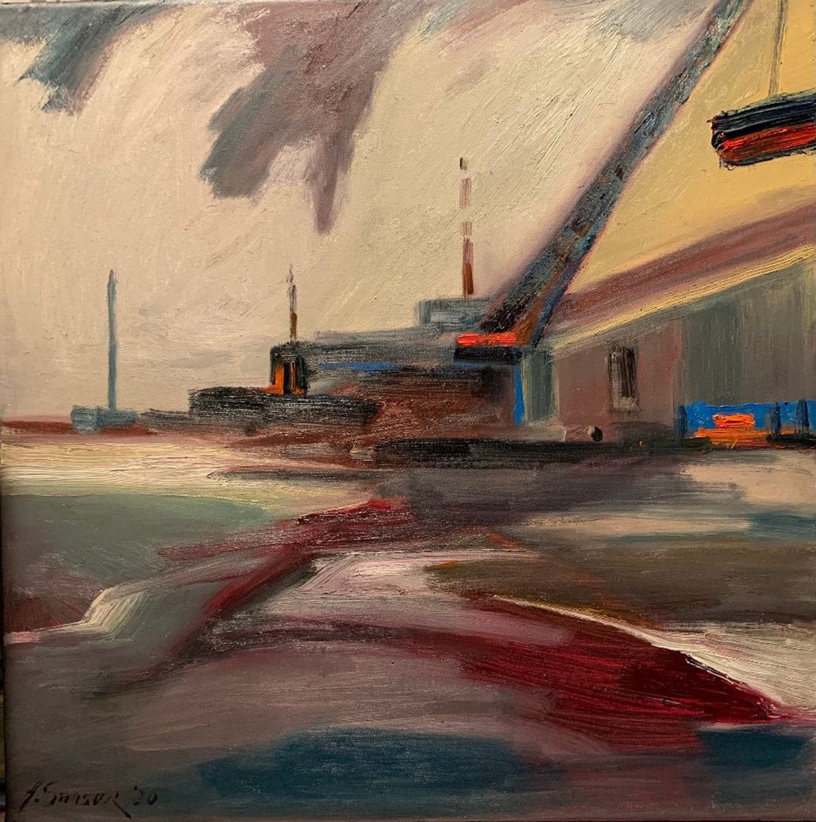 Expressive Landscape Oil Painting By Adel Sansur, 24 X 24, A Harbor View, Original Artwork