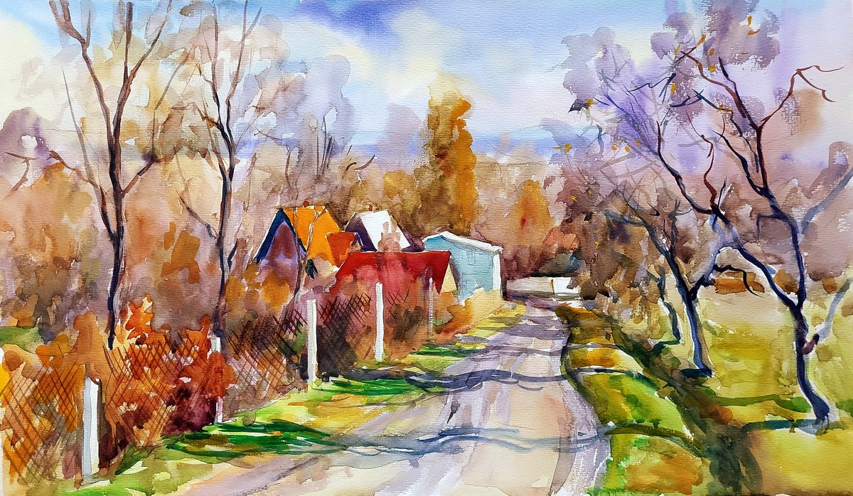 Impressionistic Landscape Watercolour By Boris Serdyuk, 23 X 14, Country Houses, Original Artwork