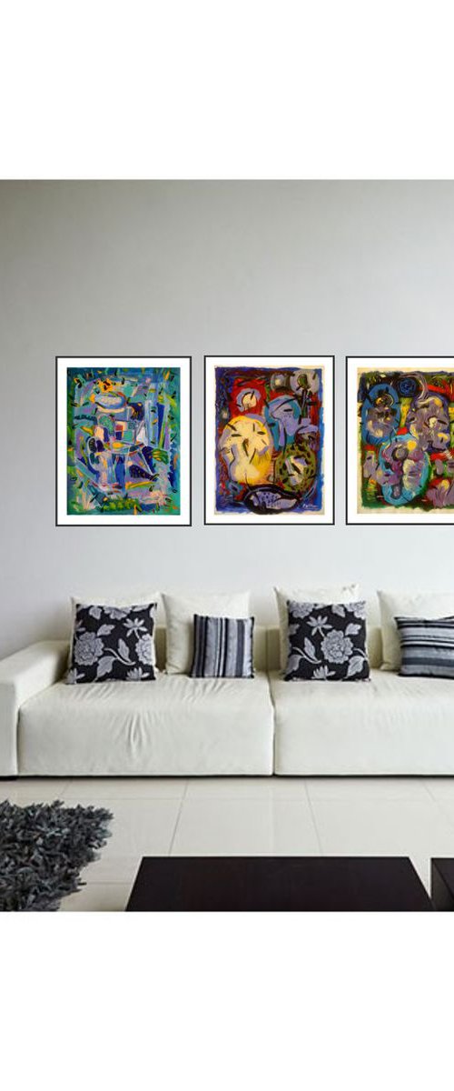 bleu,jaune,mauve / triptych 59,05 x 25,59 in (150x65cm) by Pierre-Yves Beltran