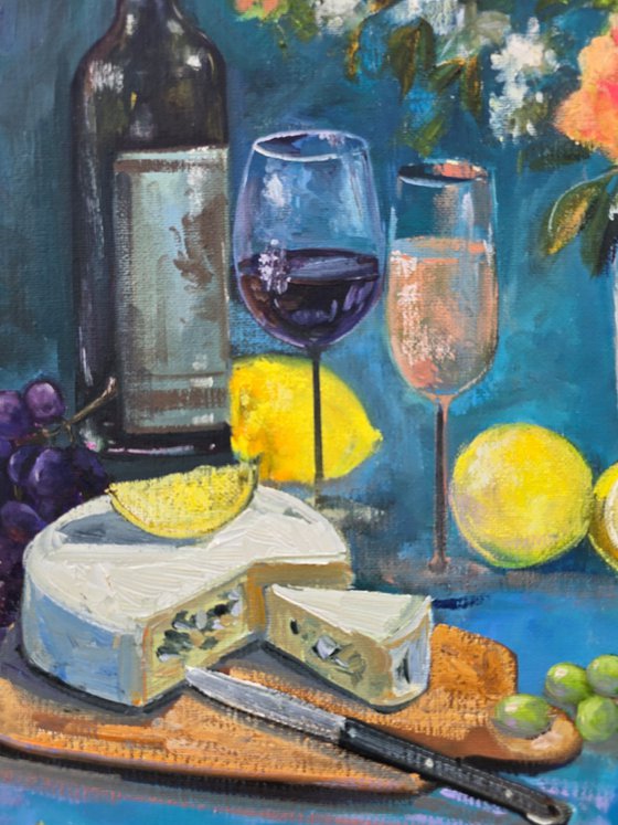 Evening Still Life with Wine and Citrus