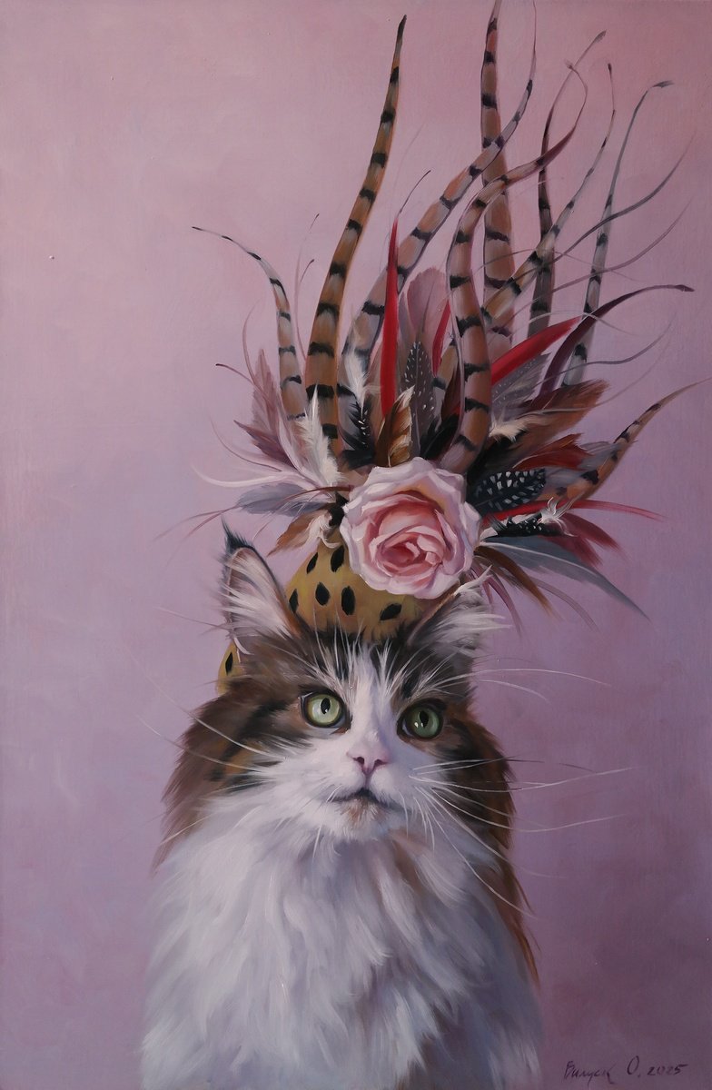 Illustrative Animal Oil Painting By Lena Vylusk, 16 X 24", "Feather And Rose", Original Artwork