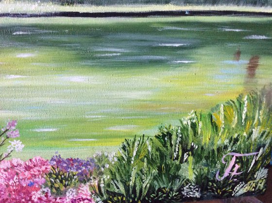 Spring garden, lake, trees, original oil painting