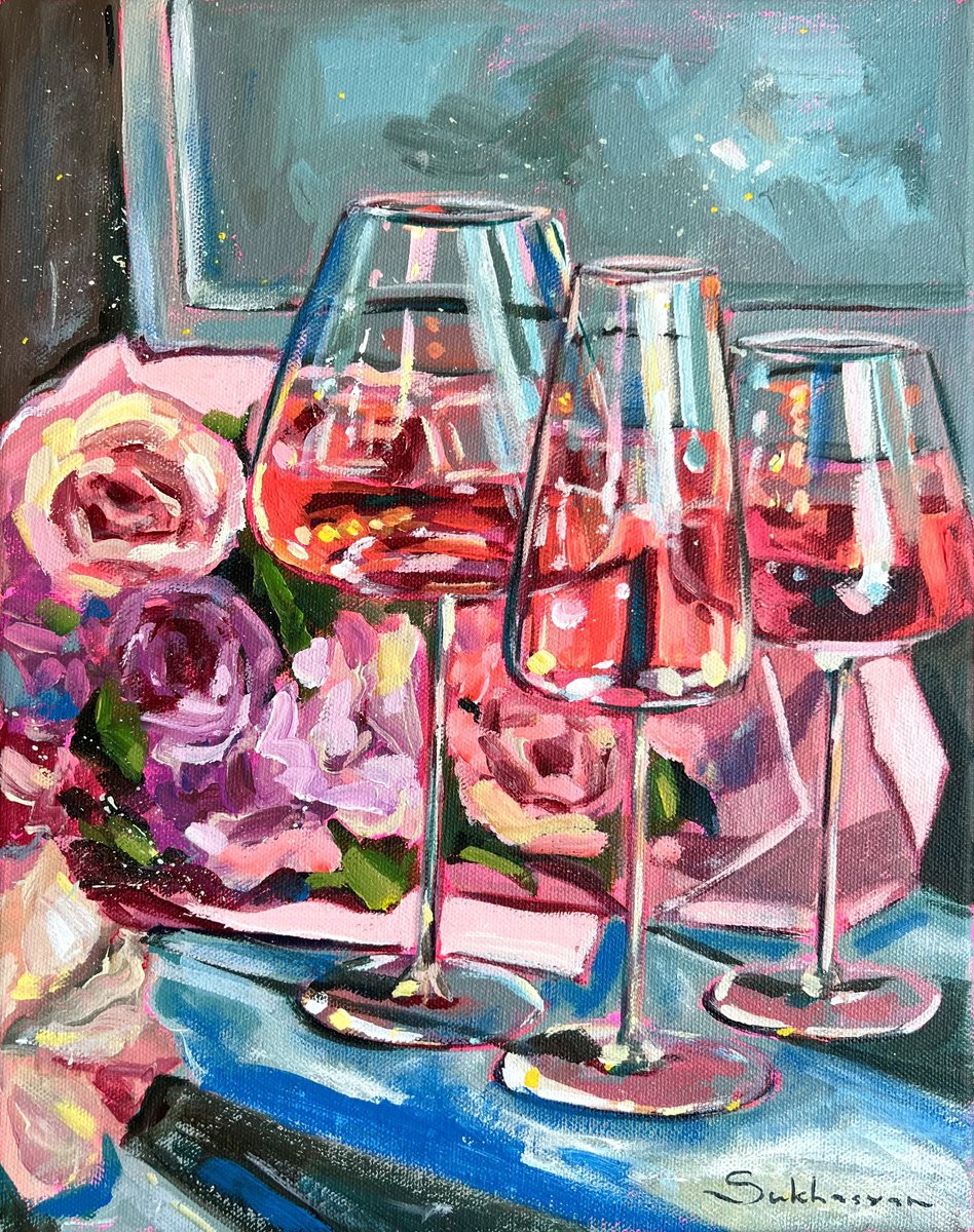 Impressionistic Still Life Acrylic Painting By Victoria Sukhasyan, 11 X 14", Still Life With Rose Wine And Flowers, Artfinder