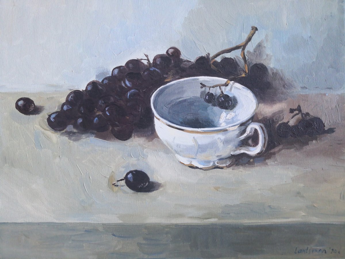 Black grapes and a porcelain cup still life by Jane Lantsman
