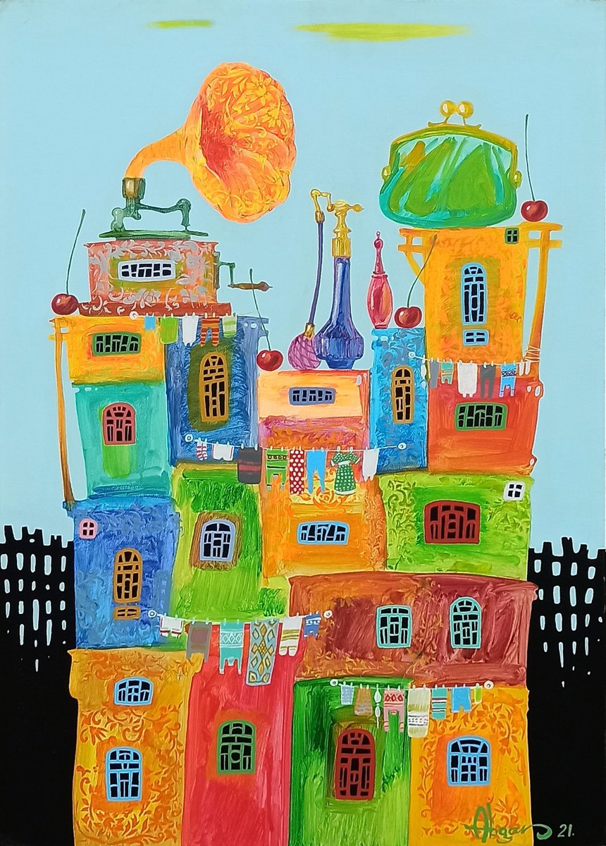 Naive Abstract Oil Painting By Abgar Khacahtryan, 20 X 28, Childhood Dreams-55, Original Artwork