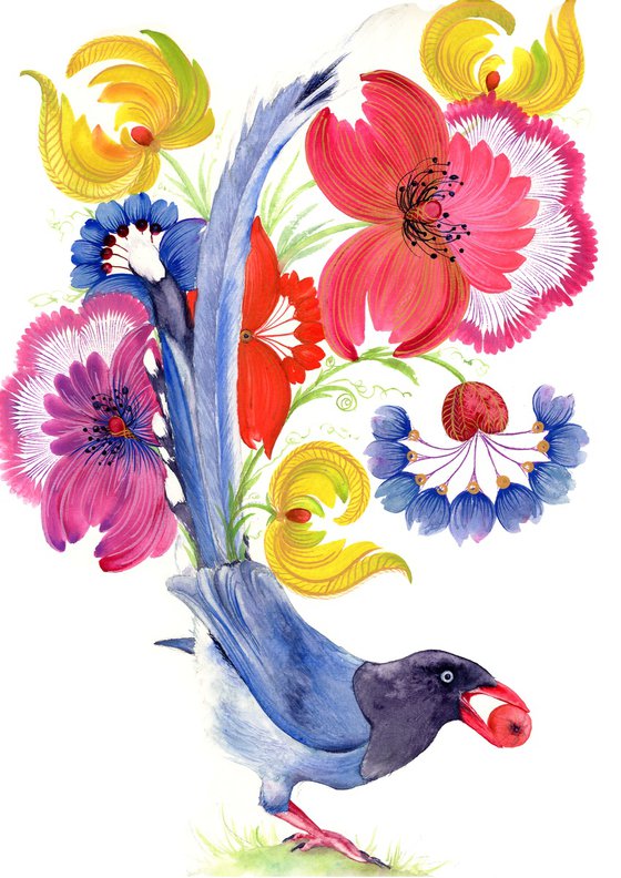Magpie flower feast - blue magpie tail decorated with luxurious flowers