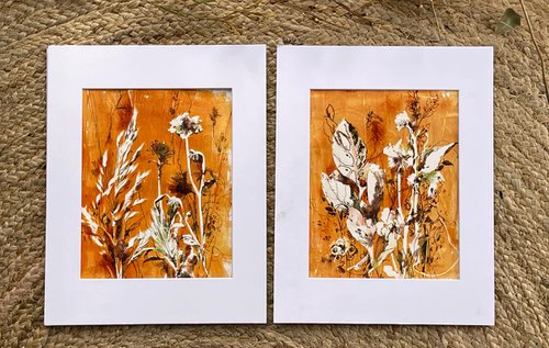 Abstract Botanical Mixed Media Diptych, Herbs and Flowers on Burnt Orange 2 Paintings Set by Sophie Rodionov