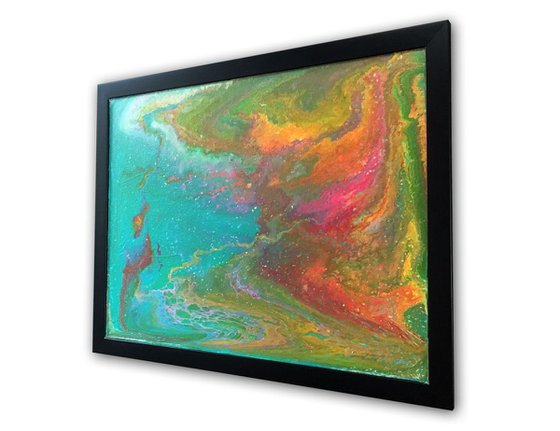 "Waterworld, Coming Soon" - FREE USA SHIPPING - Original Abstract PMS Fluid Acrylic Painting, Framed - 26 x 20 inches