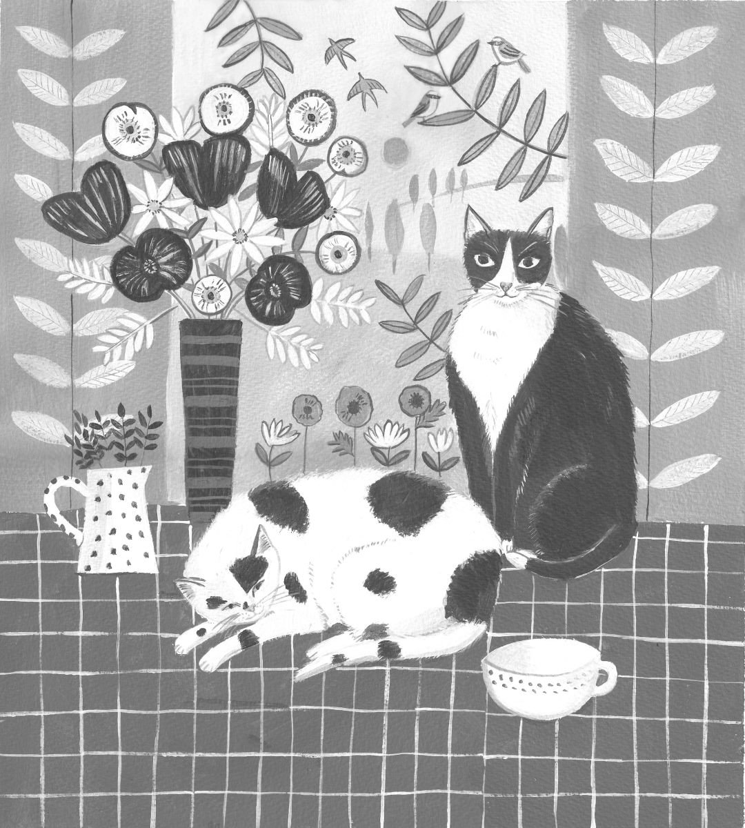 Acrylic Painting , Cats By A Window By Mary Stubberfield, 13 X 14, Artwork For Sale On Artfinder