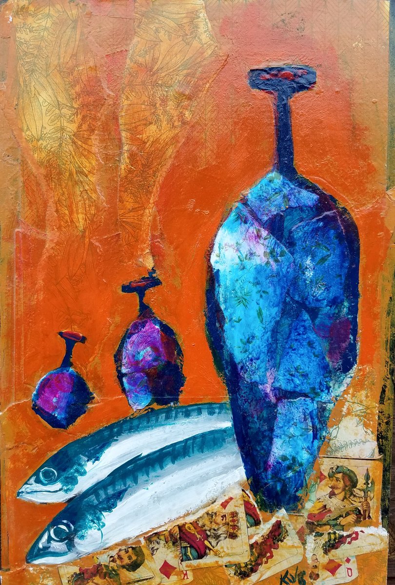 Naive Still Life Painting By Kevin Blake, 8 X 12", Magic Fish Ii, Original Artwork