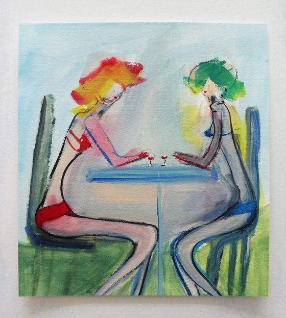TWO PAINTINGS. GIRLS CAFE SKETCHES.  1. Bar Stool Friends. 2. Liqueurs with Girlfriend. Two Original Figurative watercolour paintings.