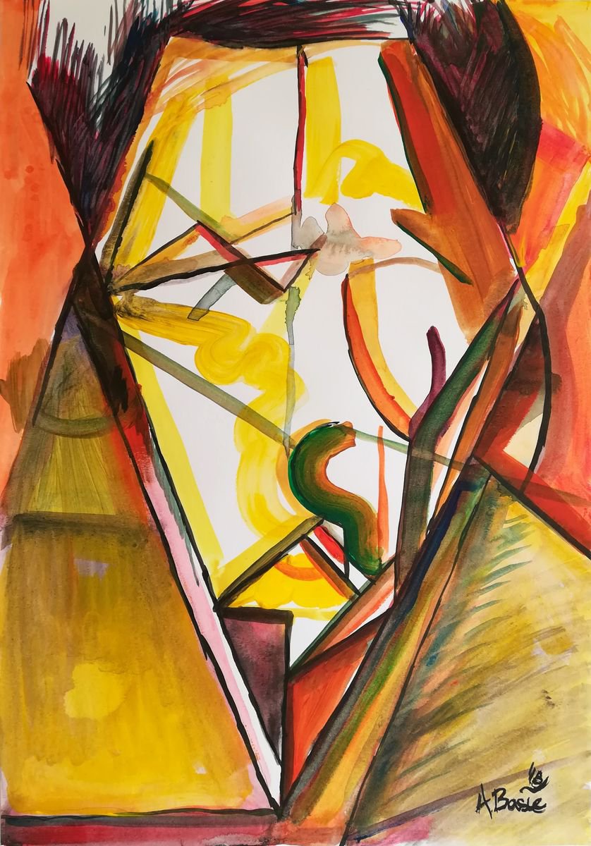 Geometric Portrait Painting By Aleksandar Basic, 12 X 17, Jacques Villon, Original Artwork