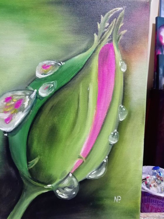 Rose bud, flowers, dew, original canvas painting, gift idea, wall art