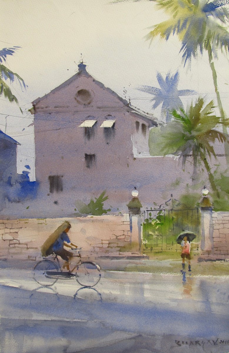 Impressionistic Landscape Watercolour By Bhargavkumar Kulkarni, 14 X 22, Monsoon2, Original Artwork