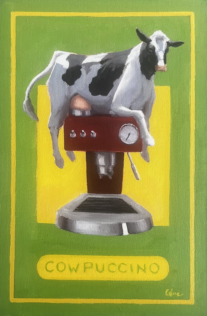 Impressionistic Animal Oil Painting By Cedric Visser, 9 X 13, Cowpuccino, Original Artwork