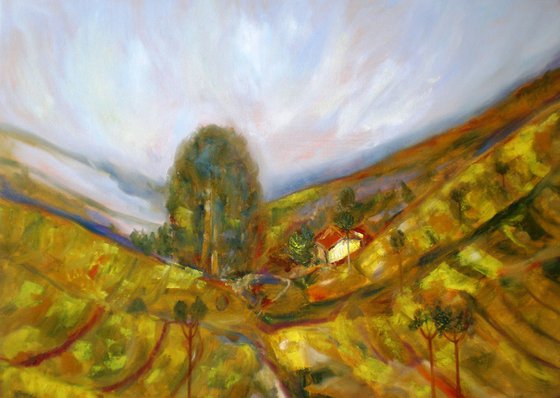 Cottage on the Hill, Impressionist Painting