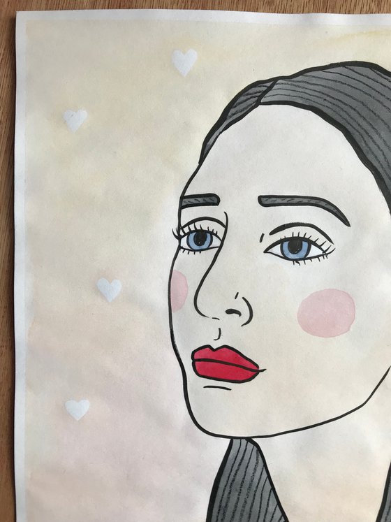 Portrait With Hearts - original mixed media painting