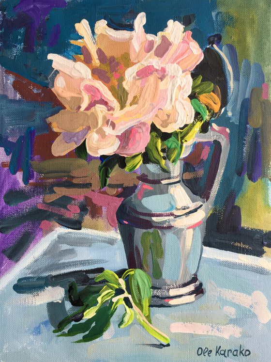 Peony in a silver vase