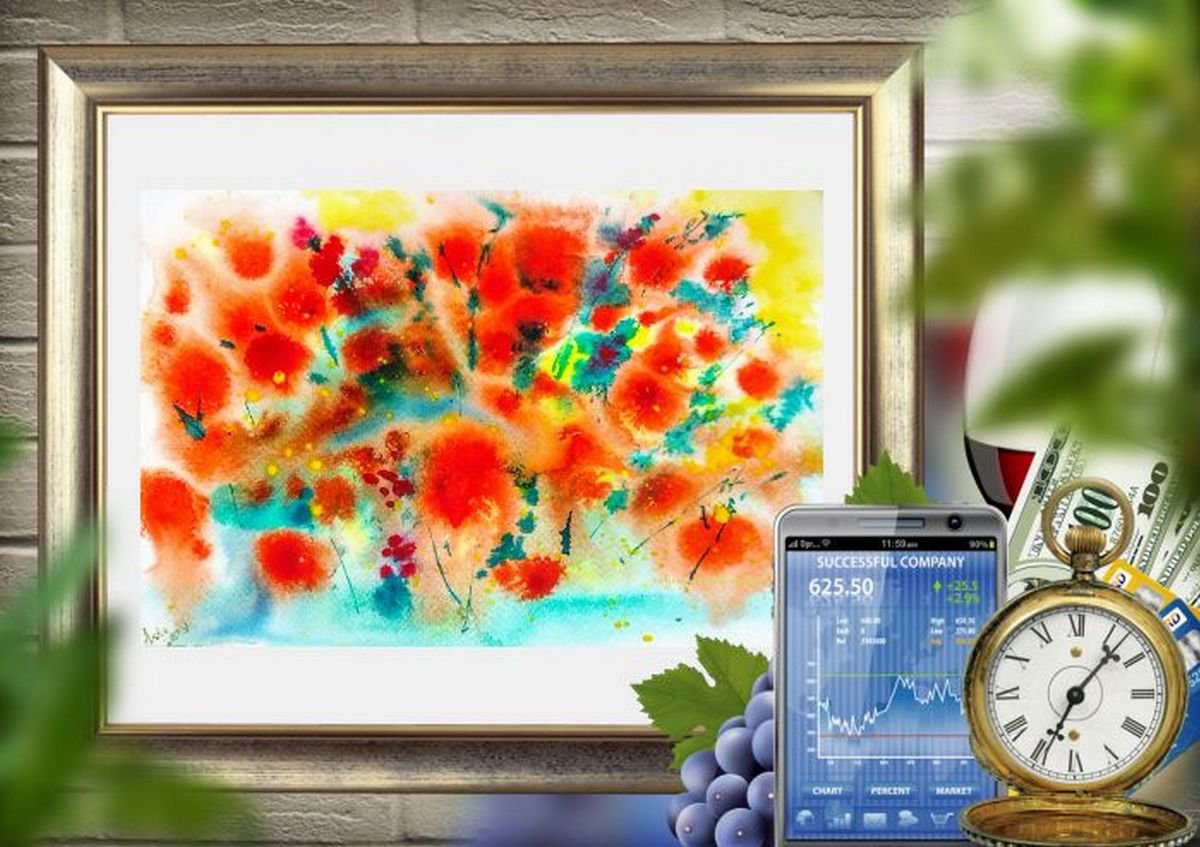 Red Flowers  Abstract floral liGHt painting Acrylic Inks 10x 7 Gift for her by Asha Shenoy