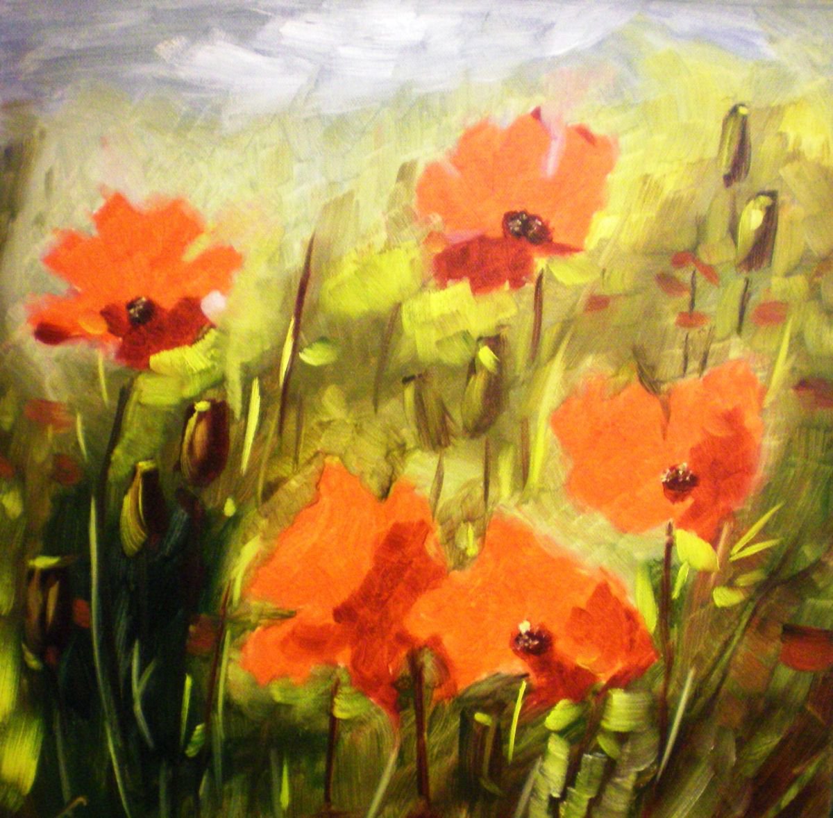 Impressionistic Botanical Oil Painting By Elena Sokolova, 16 X 16, Poppies, Original Artwork