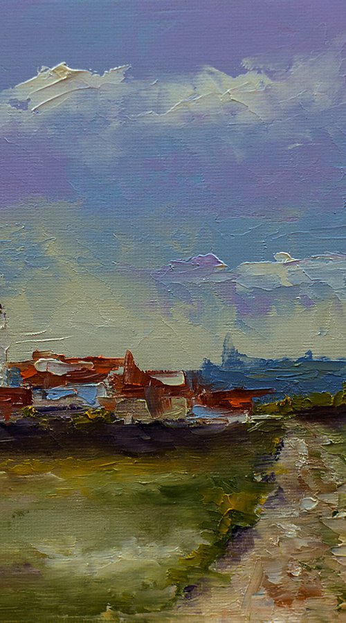 Small village in landscape. Palette knife art by Marinko Šaric