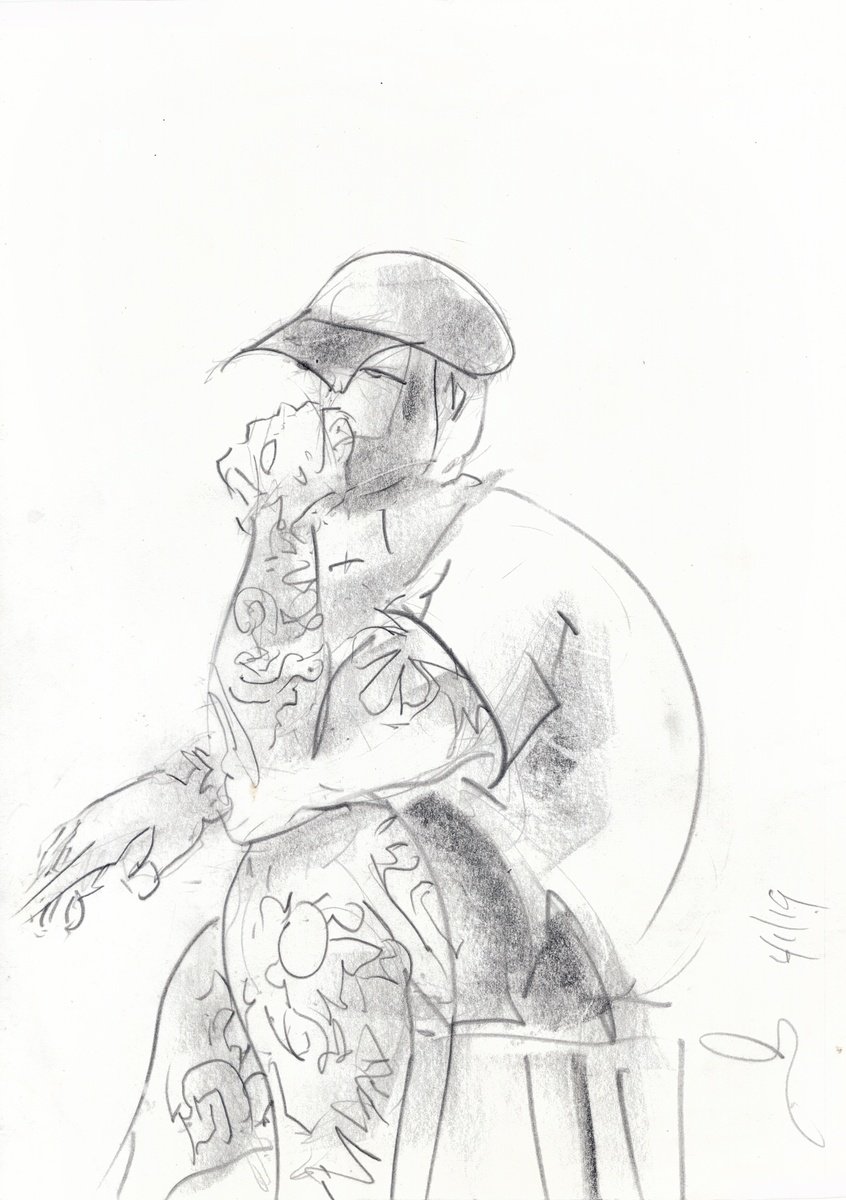 Expressive Portrait Pencil Drawing By Gordon T., 8 X 11, Tattoo Pose , Untitled, Original Artwork