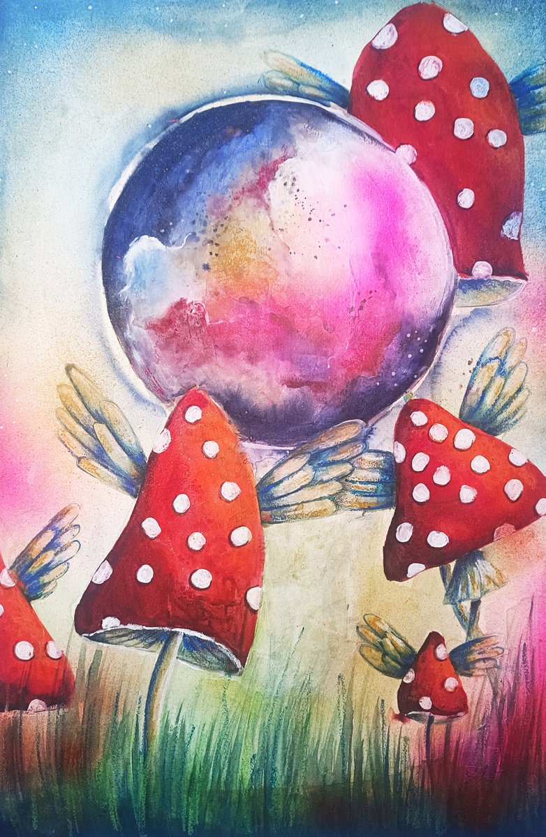 Surrealistic Painting , Where Mushrooms Dream By Evgenia Smirnova, 15 X 22, Artwork For Sale On Artfinder