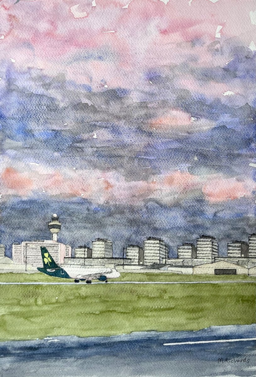 Impressionistic Cityscapes Watercolour By Michael Richards, 12 X 17", Sunset Landing In Amsterdam, Original Artwork