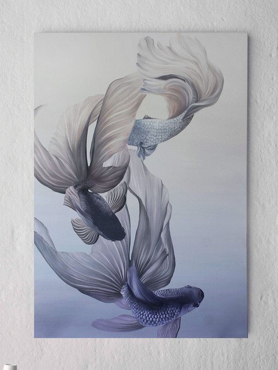 "Carps" Abstract purple blue fish art