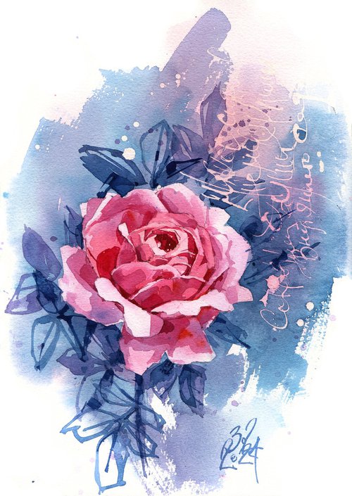 "Pearl" original watercolor of an English garden pink rose by Ksenia Selianko