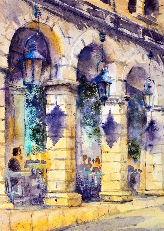 Old Town cafe of Corfu Kerkyra Greece 25x36cm 2022