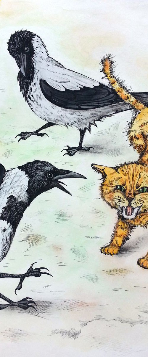 Two Crows Tease Red Cat by Olga Beliaeva Watercolour