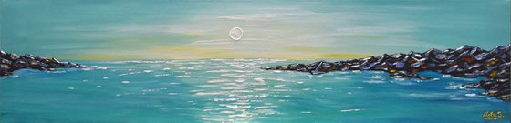 Sunny Day  - Turquoise Seascape Painting, Abstract Sea Art, Mountain, Teal Ocean Painting